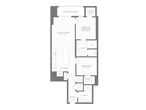 Floor plan for 2 beds, 2 baths, 858 sqft